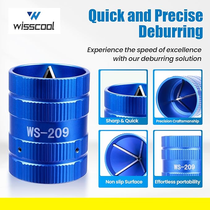 WISSCOOL Pipe Reamer Tool, Copper PVC Tube Deburring Tool Plumping Tools Pipe Cleaner 1/4" to 1-5/8" Inner Outer Reamer Pipe Tubing Chamfer for Metal PVC PPR Copper Brass Aluminum(Blue)