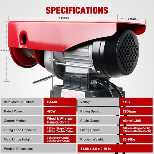 Nilight 440LBS Electric Hoist 110V Electric Hoist Winch with Wireless & Wired Remote Control, Hoist Lift Winch Single/Double Slings 39FT Lifting Height w Emergency Stop for Garage Warehouse Factories