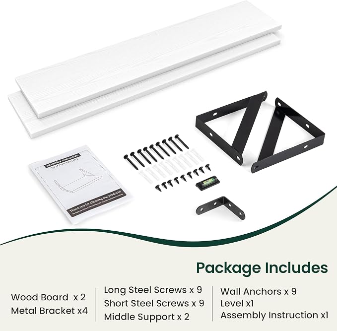 Floating Shelves 8 Inch Deep, 36W x 8D Wall Shelf Set of 2, 60 lbs Heavy Duty Reversible Metal Brackets, Industrial Book Shelf for Living Room Kitchen Bathroom Bedroom Gallery Wall, White