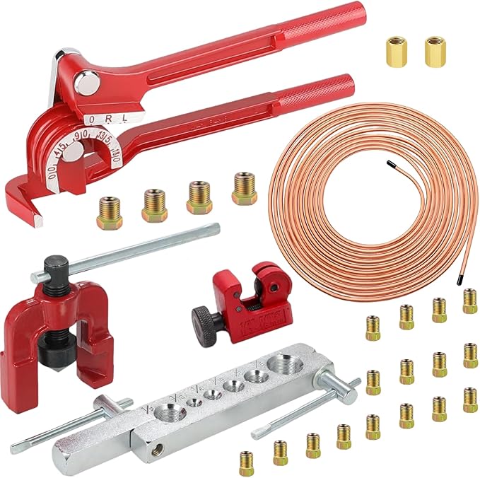 3/16 Inch 26Pcs Brake Line Bender Flaring Tool Include 25FT Zinc-Plated Copper Coated Brake Bending Lines and Single Flare Cutter Repair Kit 16 Rust-Resistant Fitting 4 Nut 2 Union, Gold