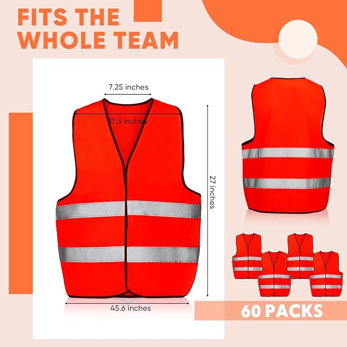 Tarpop 60 Packs Safety Vests Pack High Visibility Construction Vests Reflective Working with 2 Reflective Strips
