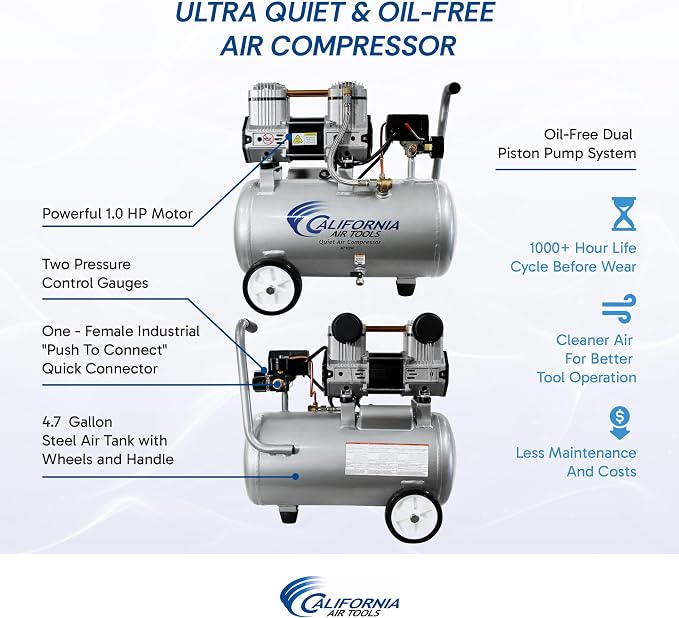 California Air Tools CAT-4710W 1.0 HP Quiet and Oil-Free Air Compressor with Wheels, 4.7 Gallon Steel Tank, 75 dBA Noise Level, Lightweight