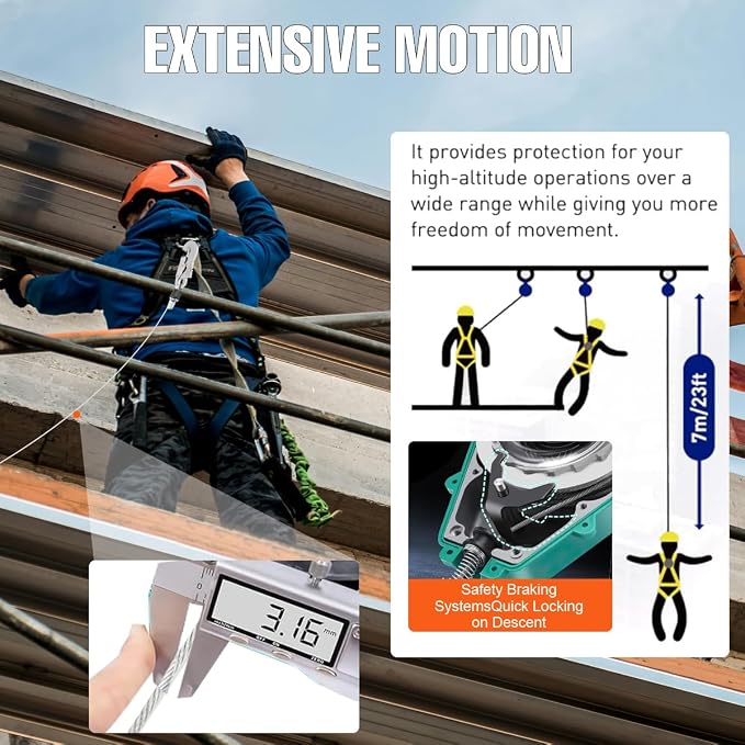 Self Retracting Lifeline 33ft 330lbs Fall Arrester Lanyard Protect Safety Harness Fall Protection with Alloy Steel Hook Steel Wire Rope(10m)