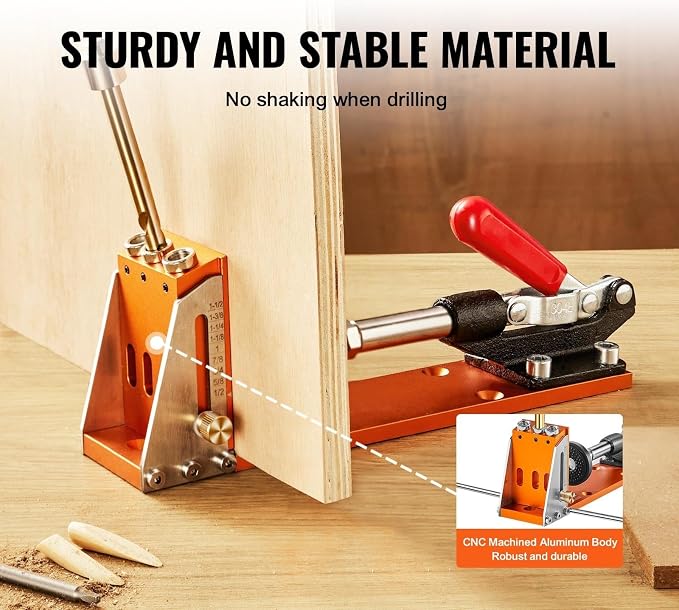 VEVOR Pocket Hole Jig Kit, Easy-to-Use for Wood Projects, Comes with Step Drills, Stop Collars, Hex Keys & Driver Bits, Features Dual Scales for DIY Woodworking