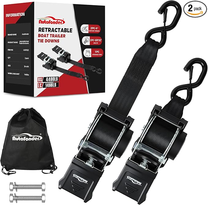Retractable Boat Tie Down Straps-2" x 6ft Heavy Duty Transom Strap,Trailer Bolt-On Mount Ratchet Straps for Boat,Jet Ski-4,400lbs Break Strength - Includes 3/8” bolts & Storage Bag (2-Pack)