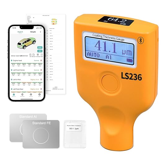 Paint Thickness Gauge for car with APP, One-Click Vehicle Report Al/Fe/Non-Metal Auto Detection, Dual Display 0–5000μm Car Paint Thickness Tester Pen(Ruby Probe)
