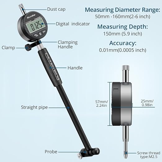 Digital Bore Gauge 50-160mm 2-6" |Internal Diameter Measuring Tool 0.01mm High-Precision Self-Centering|12 Probes, 6" Measuring Depth| for Engine Cylinders & Hydraulic Systems