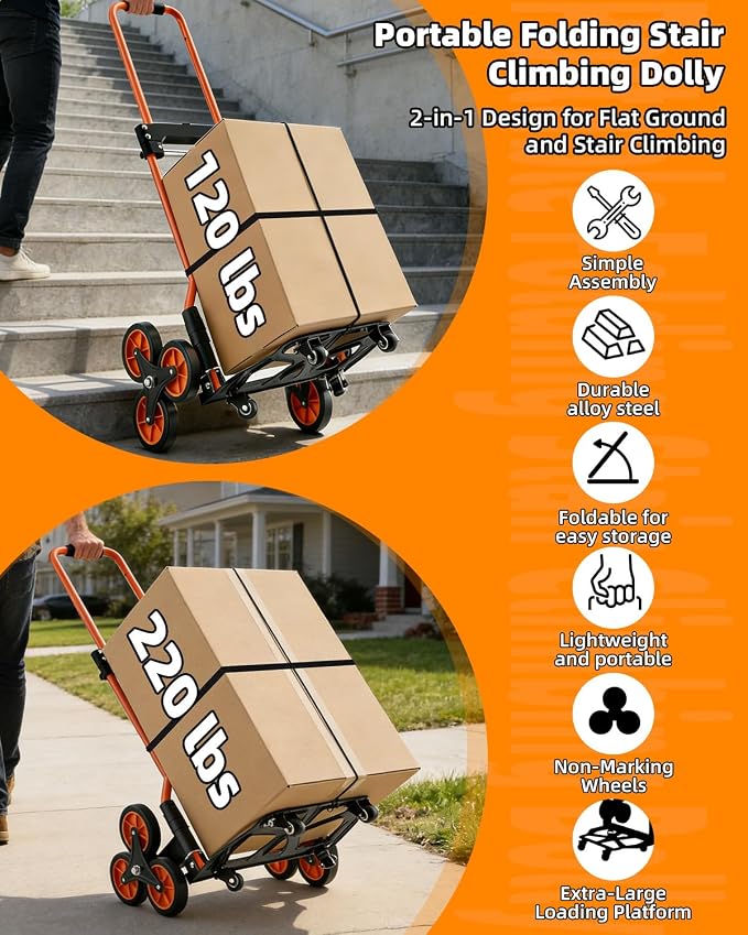 Folding Stair Climbing Dolly, 220Lbs Capacity, Portable Dolly Cart with 10 Wheels and Telescoping Handle, Lightweight Hand Truck Cart for Flat Ground & Stairs, School, Dormitory, Home, Office, Food