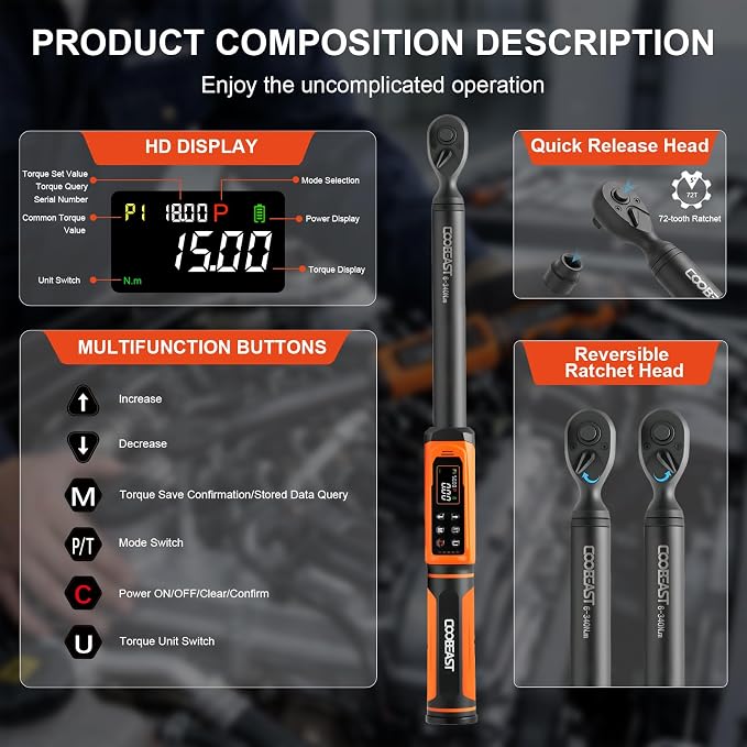Coobeast Digital Torque Wrench 1/2 Drive, Adjustable Electric Torque Wrench Tool Set, Preset Value(3.76-250.8 Ft.lbs./5.1-340Nm), Buzzer and LED Alert, Adapter&Extension Bar for Bike Motorcycle(Black)