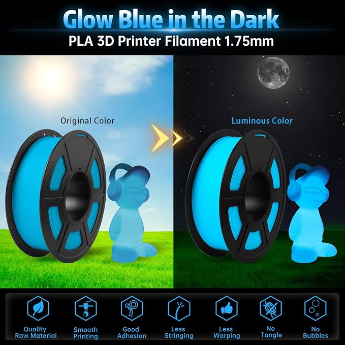 SUNLU Glow in The Dark PLA Filament, Neatly Wound Luminous PLA 3D Printer Filament 1.75mm Dimensional Accuracy +/- 0.02mm, Fit Most FDM 3D Printers, 1kg Spool (2.2lbs), (Blue PLA, Glow Blue)