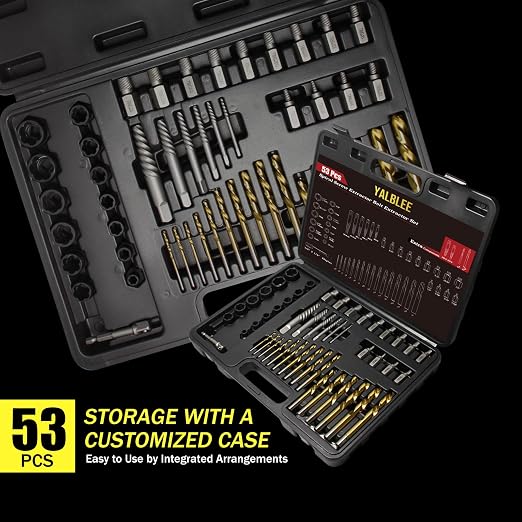 53Pcs Easy Out Screw Extractor Set with Left Hand Drill Bit, Bolt Extractor Kit with Hex Adapter, Stripped Bolt Remover & Reverse Drill Bit for Broken Nuts Screws, Bolts, Studs