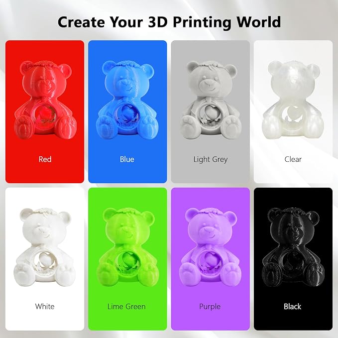 1.75mm 8 Spools Basic Colors PLA 3D Printer Filament Bundle, White/Black/Clear/Light Grey/Blue/Red/Green/Purple, Each Spool 0.25kg, Total 2kg PLA 3D Printing Material, 250g x 8 Spools