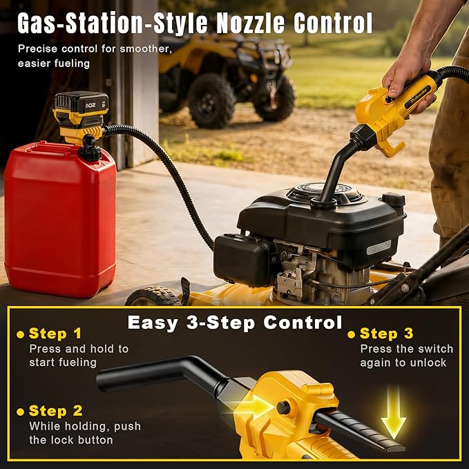 Fuel Transfer Pump for DeWalt 20V Batteries, Cordless 3.7 GPM Flow | Gas Can Pump Kit with Locking Nozzle, 3 Adapters for Gasoline, Diesel, Kerosene & Light Oil, Battery Not Included