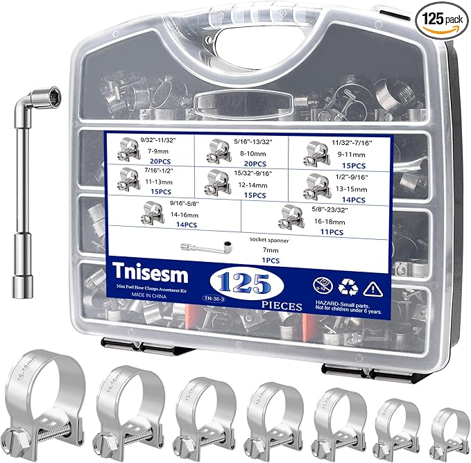 Tnisesm 125PCS Mini Fuel Injection Hose Clamps Adjustable 9/32"-23/32" Dia 7-18mm 304 Stainless Steel Fuel Line Clamps Assortment Kit, for Automotive Diesel Petrol Pipe with Socket Spanner