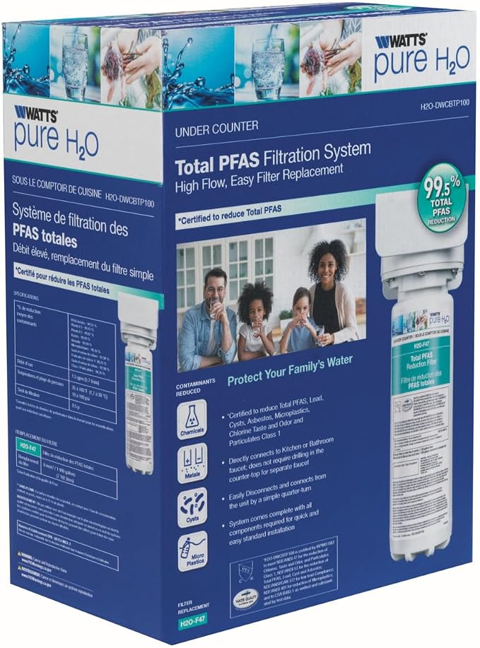 Watts Premier H2O-DWCBTP100 Single-Stage Total PFAS Reduction Under Counter Water Filtration System, Reduces Forever Chemicals, High Flow Rate 1.5 GPM, 1/4 Turn Quick Change, 1,900 Gallon Capacity