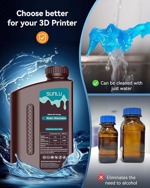 SUNLU 3kg Water Washable 3D Printer Resin, Fast Curing Low Shrinkage, High Precision Photopolymer Resin for LCD/DLP/SLA Printers,395 to 405nm UV Resin, 3000g Grey