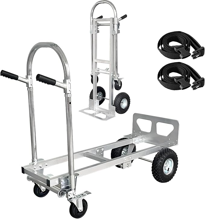 Silver Convertible Hand Truck Dolly Cart with Wheels Heavy Duty, 1000 Lbs Capacity, 2 Straps for Moving Furniture/Appliance/Carton/Warehouse/Office/Easy to Follow Video to Install
