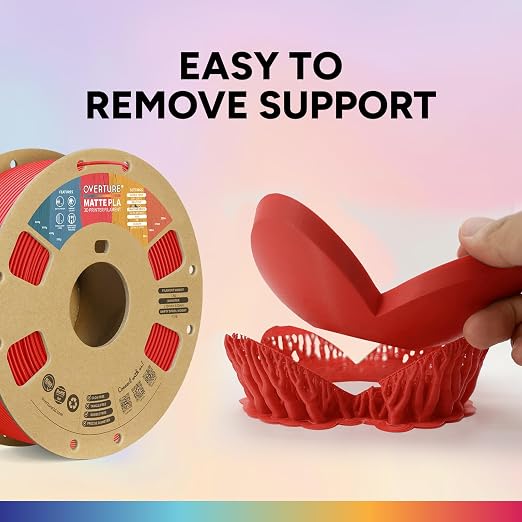 OVERTURE Matte PLA 1.75mm, Low Warp & Smooth Finish 3D Printer Filament | Frosted Matt Finish Hides Layer Lines, 1kg Spool (2.2lbs) Cardboard Spool, Fit Most FDM Printer (Matte Red)
