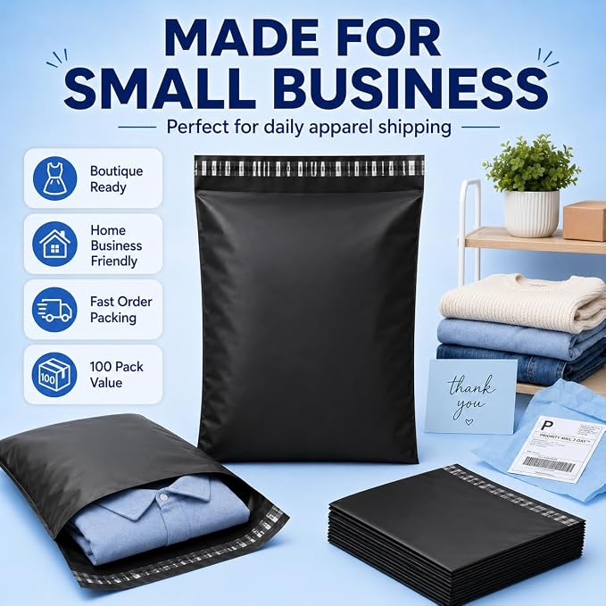 Fuxury Poly Mailers 10x13 Inch 100 Pack,Shipping Bags For Clothing,Black | Heavy Duty Self Seal Mailing Envelopes,Durable Opaque Packaging Mailers Poly Bag For Large Clothing Business,Boutique&Online