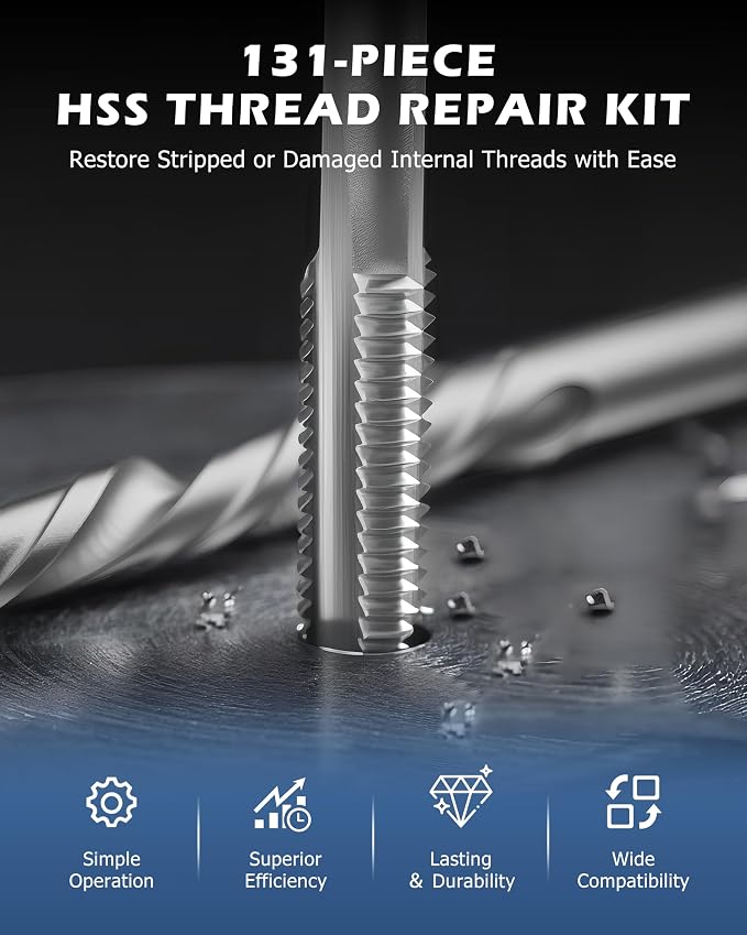 DAYUAN SAE Helicoil Thread Repair Kit, 131-Piece HSS Drill Heli Coil Repair Kit | 1/4"-1/2" SAE Sizes，135° Split-Point HSS Drill Bits，Automobile Rethreading Restorer Tool，Fits Steel, Aluminum & Cast Iron
