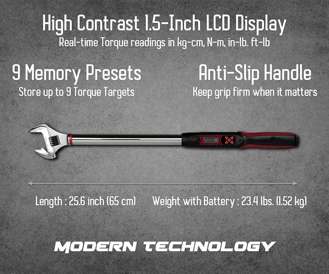Tapha Tools Adjustable Digital Torque Wrench 7.4 - 147.5 ft-lbs (10 - 200 N-m) Torque Range, 10 - 41 mm Adjustable Jaw, LED and Buzzer Notification, Preset Memory, ISO 6789 Tested and Calibrated