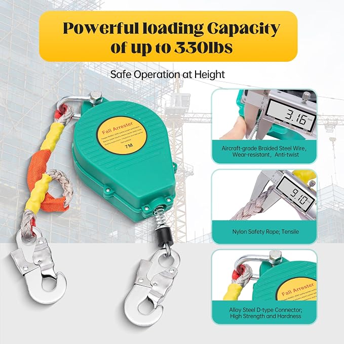Self Retracting Lifeline, 23ft Fall Protection with Double Braking System, 330 lbs Capacity, Alloy Steel Hook & Anti-Twist Cable for High-Altitude Safety