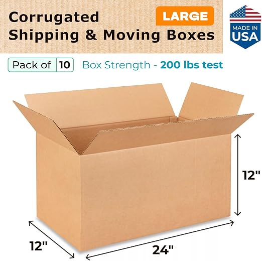 Large Shipping & Moving Boxes 24x12x12 inches (10-Pack) - Extra Strength 200 lb vs Regular - USA-Made Corrugated Cardboard Boxes Moving - Large Shipping Box for UPS, FEDEX by IDL Packaging