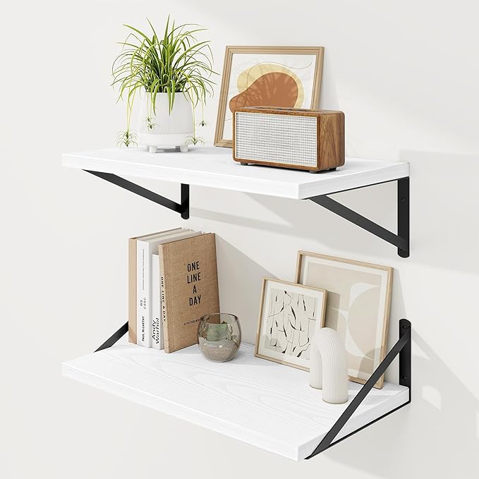 Floating Shelves 12 Inch Deep, 24W x 12D Wall Shelf Set of 2, 50 lbs Heavy Duty Reversible Metal Brackets, Deep Industrial Book Shelf for Living Room Kitchen Bath Bedroom Coffee Bar, White