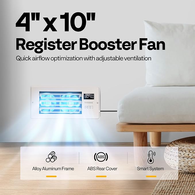 VIVOHOME Register Booster Fan - 4'' x 10'' Opening with Adjustable Louver - Smart Thermostat & 10-Speed Remote Control - AC Vent Fan for Floor, Ceiling, Wall - Quiet Operation (White)