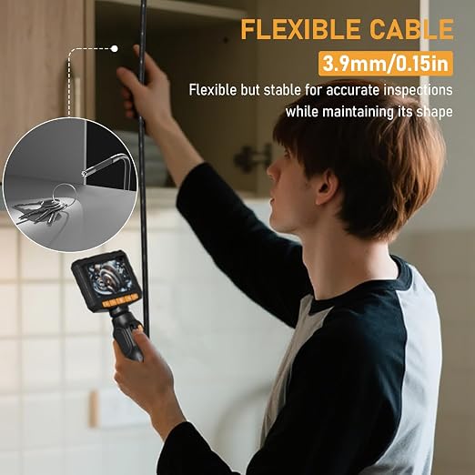 3.9mm Two-Way Articulating Borescope Camera with Light, Industrial Endoscope Inspection Camera with Light, 5FT Flexible Semi-Rigid Cable for Wall Automotive Engine Plumbing HVAC Inspect