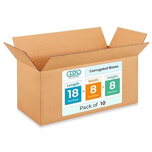 Medium Shipping & Moving Boxes 18x8x8 inches (10-Pack) - Extra Strength 200 lb vs Regular - USA-Made Corrugated Medium Moving Boxes - Packing Box for USPS, UPS, FedEx - Heavy Duty Box by IDL Packaging