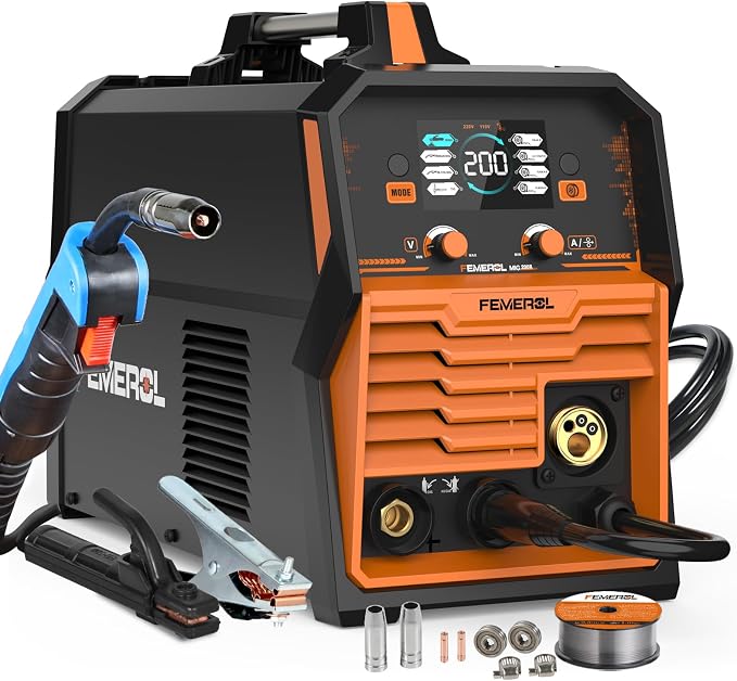 FEMEROL 200A MIG Welder,4 in 1 Gas MIG/Gasless Flux Core/Stick/Lift TIG Multi-process Welding Machine Large LED Display 110V/220V Multi Welder
