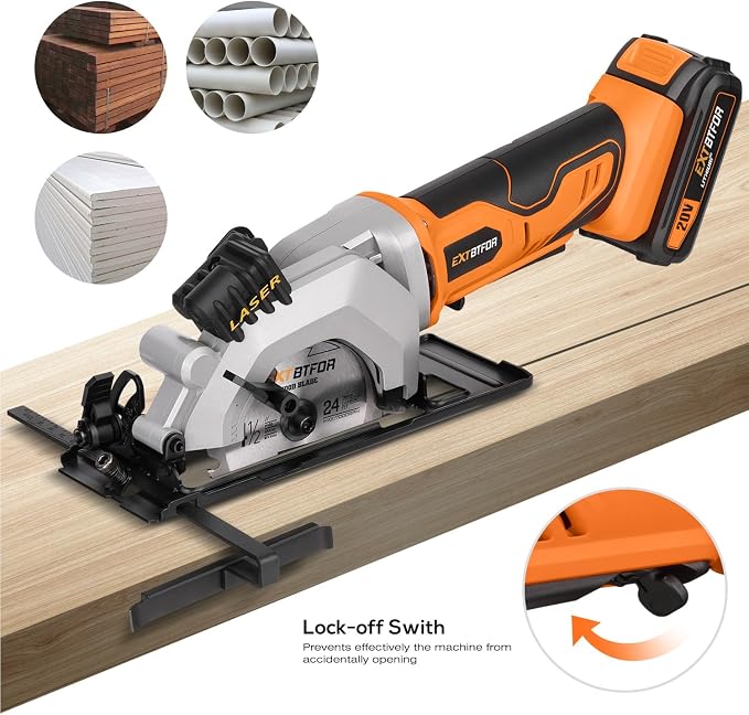 Cordless Circular Saw,2.0 Battery 3400RPM Laser Guide,45° Angle Adjustment | Extbtfor 4-1/2" Mini Circular Saw Maximum Cutting 1-11/16" at 90° and 1-1/8"at 45° for Wood, Soft Metal, Plastic