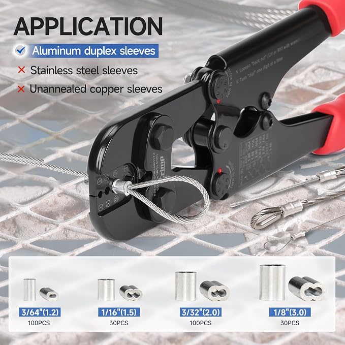 iCrimp 1608MC 2-In-1 Wire Rope Crimping Tool Kit with Built-In Wire Cutter, 4 Die Sizes 3/64" to 1/8", Comes With Assorted Aluminum Loop Sleeves and Stainless Steel Thimbles