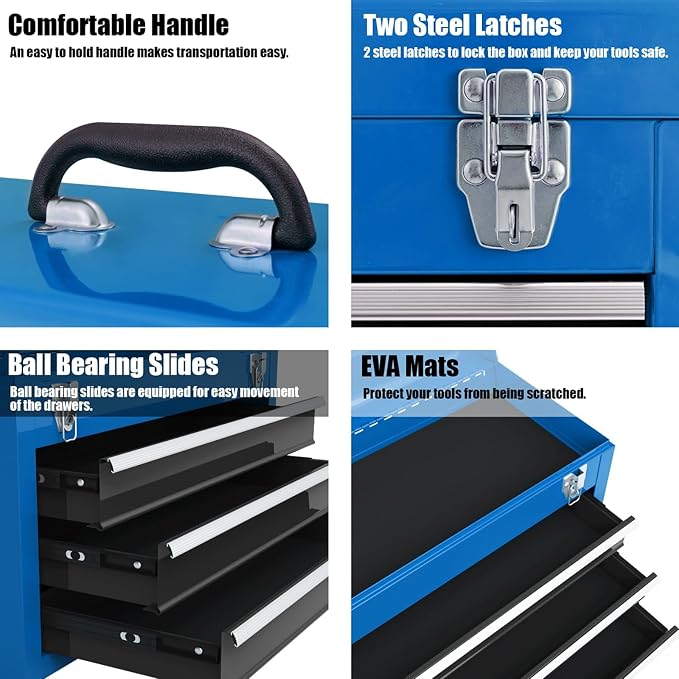 ERGOMASTER Portable Tool Box, Metal Tool Box with 3 Drawers, Lockable Heavy Duty Tool Chest Storage Toolbox for Garage, Workshop (Blue)