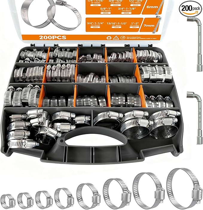 Hose Clamp Assortment 200PCS Hose Clamp 304 Stainless Steel Kit Adjustable 1/4"~2"(6~51mm) Worm Gear Hose Clamp, Heavy Duty Small Hose Clamps for Automotive, Fuel Line, Pipe, Radiator