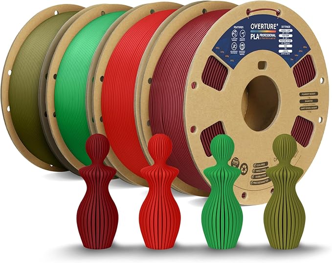 OVERTURE 4KG Bundle PLA Plus (PLA+) Filament 1.75mm, Stronger & More Durable, Professional Toughness 3D Printer Filament 1kg (2.2lbs) 4 Pack (Wine+Red+Green+Army Green