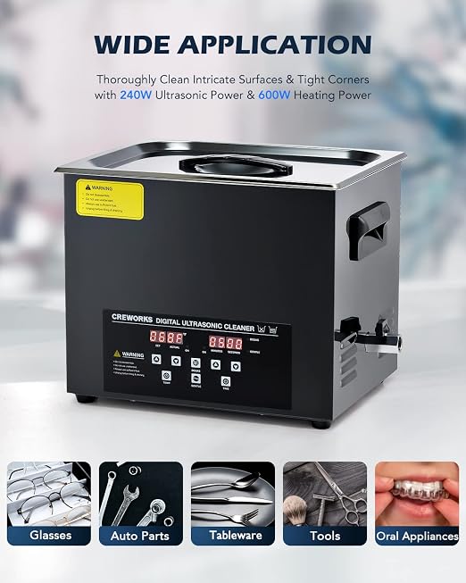 CREWORKS 10L Digital Ultrasonic Cleaning Machine with Degas and Gentle Mode, 240W Ultrasonic Cleaner Machine with Heater and Timer, 2.6 gal Ultrasound Cleaner for Retainer Watch Auto Tool Machine Part