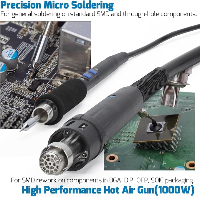 WEP 992D-III 2-in-1 Soldering Station and Hot Air Rework Station - High-Power Soldering Iron Kit with C245-compatible Cartridge, 1000W Hot Air BGA Rework Station for SMD, IC Repair