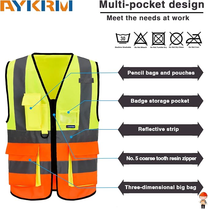 A-SAFETY Reflective Safety Vest, 7 Pockets, Zipper, Yellow/Orange, 4XL-5XL | Yellow/Orange 4XL-5XL safety vest with reinforced pockets, black front zipper and clear ID holder for road work; unisex.