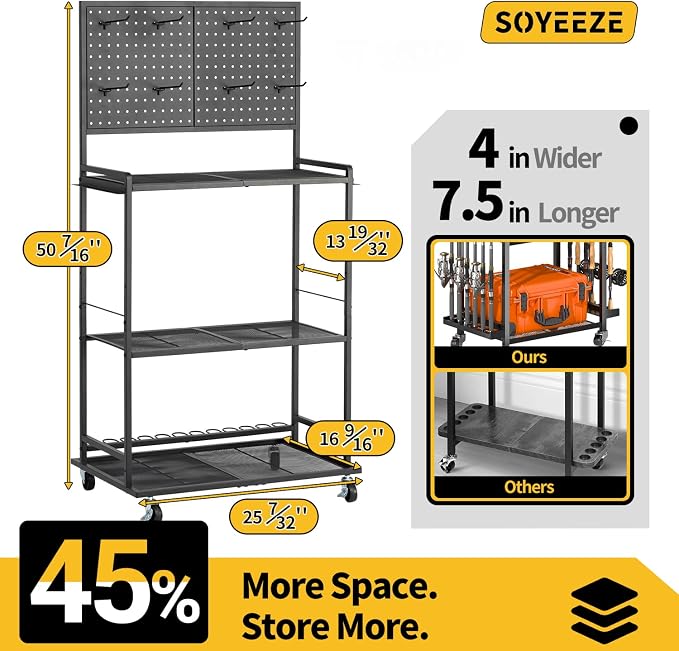 SOYEEZE Large Size Fishing Rod Holders for Garage, 3-Tier Fishing Pole Rack with Pegboard and Hooks, Fishing Gear Tackle Box Organizer Up to 12 Rods, Rolling Fishing Storage Cart with Lockable Wheels