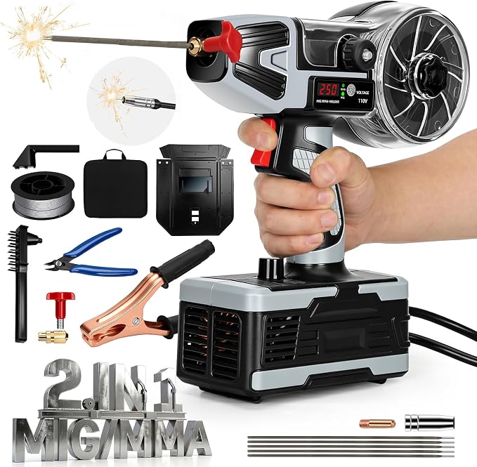 2 in 1 Handheld MIG and Stick Welder:250A Portable Welding Machine 110V Gasless Flux Core Wire Feed w/IGBT Inverter & MMA ARC Welder Gun w/LCD Display, 3.97 lbs for .032"/.040" Wire and 3/32"-1/8" Rod