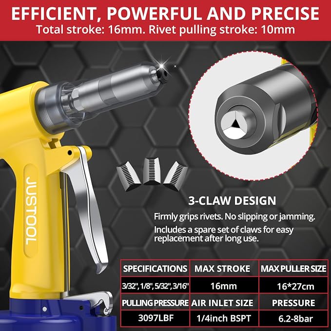 JUSTOOL Heavy Duty Pneumatic Rivet Gun 3097LBF Air Rivet Gun Set-3/32", 1/8", 5/32", 3/16" Air Riveter with NPT 1/4 inch Air Hydraulic Riveter for Automotive Construction Maintenance Industries & DIY