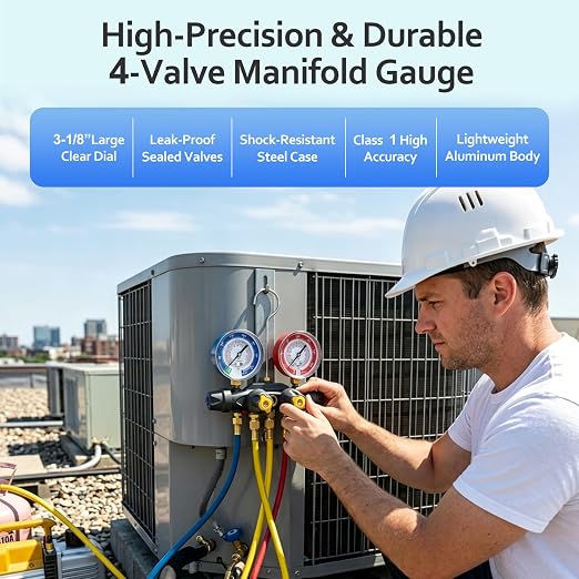 49974 A2L 4-Valve Test and Charging Manifold, 3-1/8" (80mm) | Refrigerant Manifold Gauges, Compatible with R-32/R454B/R410A, HVAC Manifold Gauge, Hoses Not Included