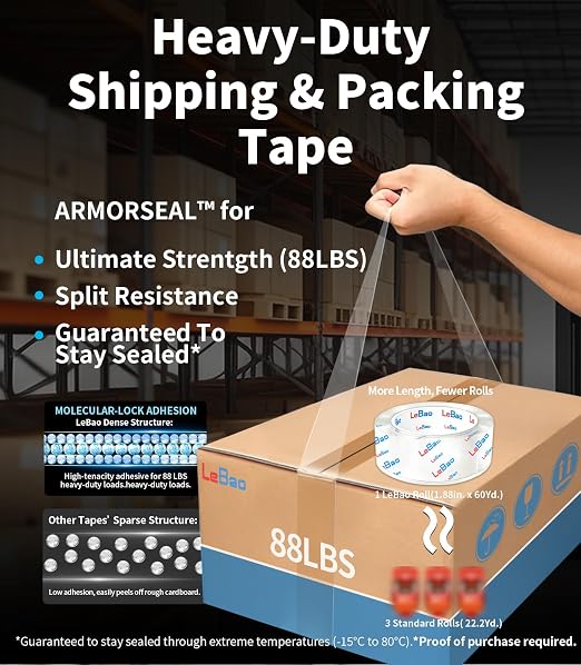 Heavy Duty Packing Tape Refills for Tape Gun Dispenser, 6 Rolls 1.88 inch Packing Tape Refill, 60 yd. x 2.7MiL HD Clear Roll Packaging Tape for Shipping Moving Postal Parcel Mailing
