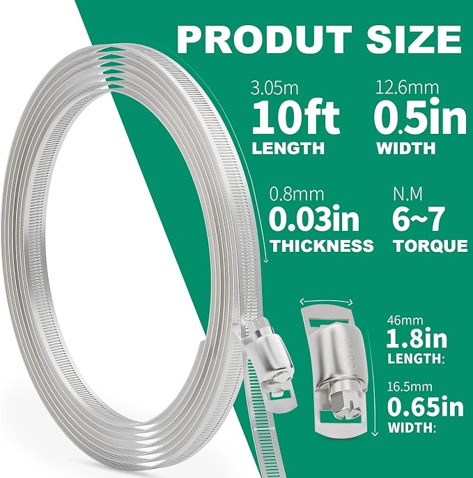 OURU 10FT Hose Clamps,304 Stainless Steel Hose Clamp Assortment Kit DIY Metal Strapping with Holes+8 Fasteners,Adjustable Worm Gear Large Hose Clamps Metal Band Screw Clamp Straps for Pipe,Duct,Tube