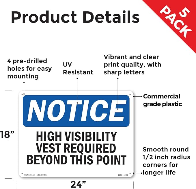 High Visibility Vests Required Beyond This Point OSHA Notice Rigid Plastic Sign 24 Inch x 18 Inch - 5 Pack