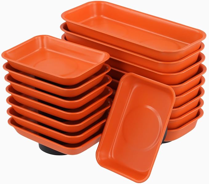 16 PCS Orange Magnet Screw Trays, 2 Sizes Stainless Steel Magnetic Parts Trays, Orange Magnetic Tool Tray for Collecting Nuts, Screws, Bolts, Small Parts 5.9x2.5/3.6x2.4 inch