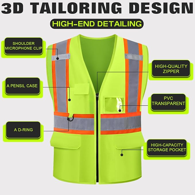 Safety Vest Customize Logo with 5 Pockets & Zipper Reflective High Visibility Vest Class 2 Outdoor Workwear