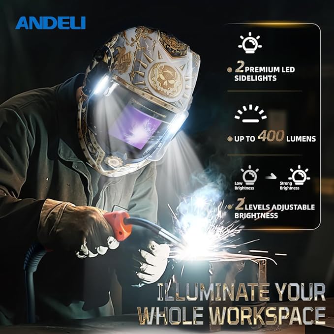 ANDELI Welding Helmet - Panoramic 180° View 3.94"X3.74",True Color Auto Darkening Welding Helmet with Light, 4 Arc Sensor, 4/5-8/9-13 Type-C Charging (MONERIG-LED)